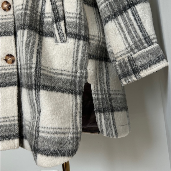Long Faux Wool Shacket/Jacket Gray & Ivory/White Large Plaid Pattern Lined Large - Picture 3 of 12
